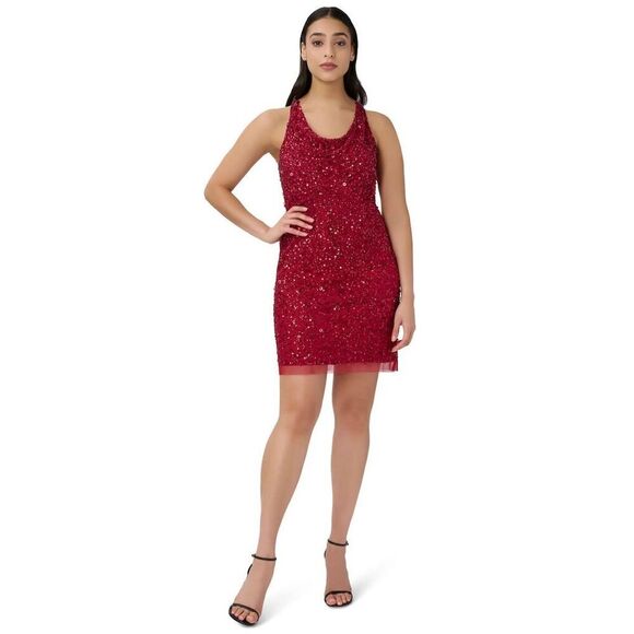 Adrianna Papell Women's Sequined Cowl Neck Sheath Dress Red Size 4​ - Picture 4 of 13